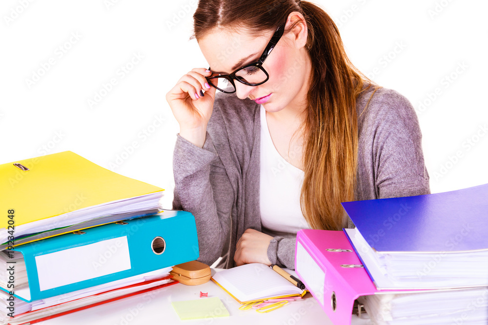 woman tired with stack of folders documents woman tired with stack of folders documents