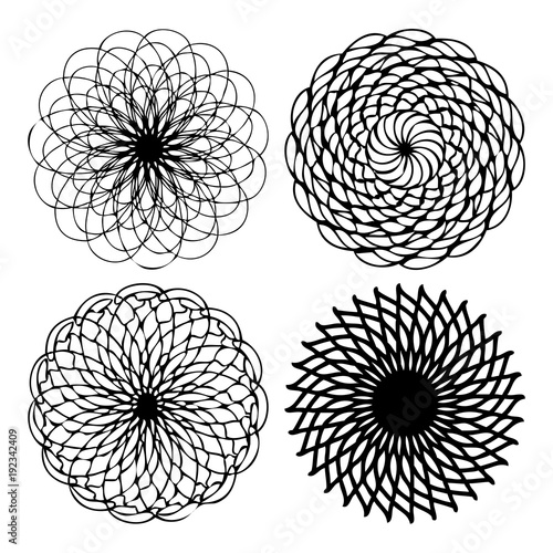 Chakra concept set. Spirituality and peace in ornate mandala hand drawn symbol s isolated on white. Buddhism esoteric flash tattoo spirit motifs. Om symmetric symbol imitation yoga mandala . Vector.