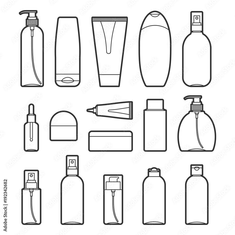 Fototapeta premium Set of vector cosmetic bottles line style icons on a white background. Collection of different forms and types