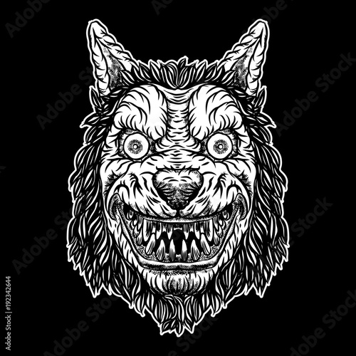 Wolf blackwork tattoo flash concept isolated on white. Angry wolf head. Detailed werewolf mascot illustration. Vector.