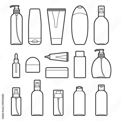 Set of vector cosmetic bottles line style icons on a white background. Collection of different forms and types