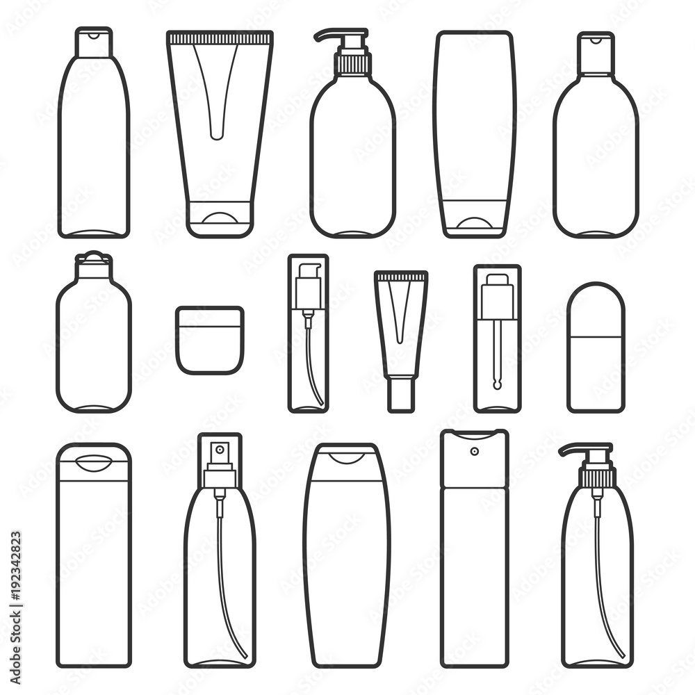 Set of vector cosmetic bottles line style icons on a white background. Collection of different forms and types Set of vector cosmetic bottles line style icons on a white background. Collection of different forms and types