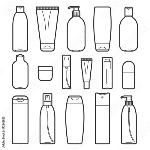 Set of vector cosmetic bottles line style icons on a white background. Collection of different forms and types