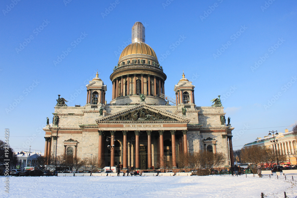 Saint Isaac's Cathedral (Isaakievskiy Sobor) in Saint Petersburg, Russia. Fourth Largest Cathedral in the World.  Traditional Russian Neoclassical Exterior Architecture on Winter Season Outside View.