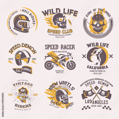 Biker logo vector rider on motorcycle or bike and speed motorcyclist racer on logotype motor emblem illustration racing set isolated on white background