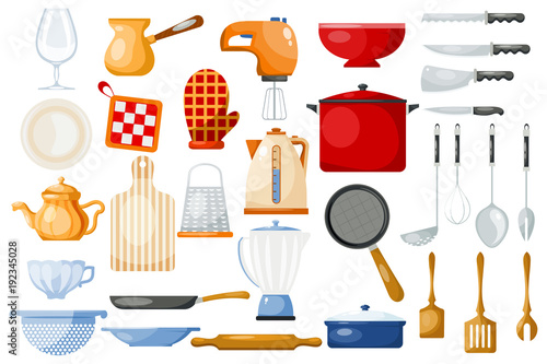 Kitchenware vector cookware for cooking and kitchen utensils or cutlery for kitchener illustration tableware in kitchenette set isolated on white background