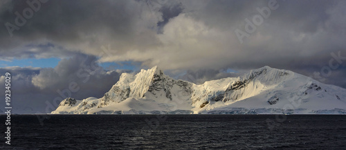 Antarctic landscape with mountains view from sea panoramic
