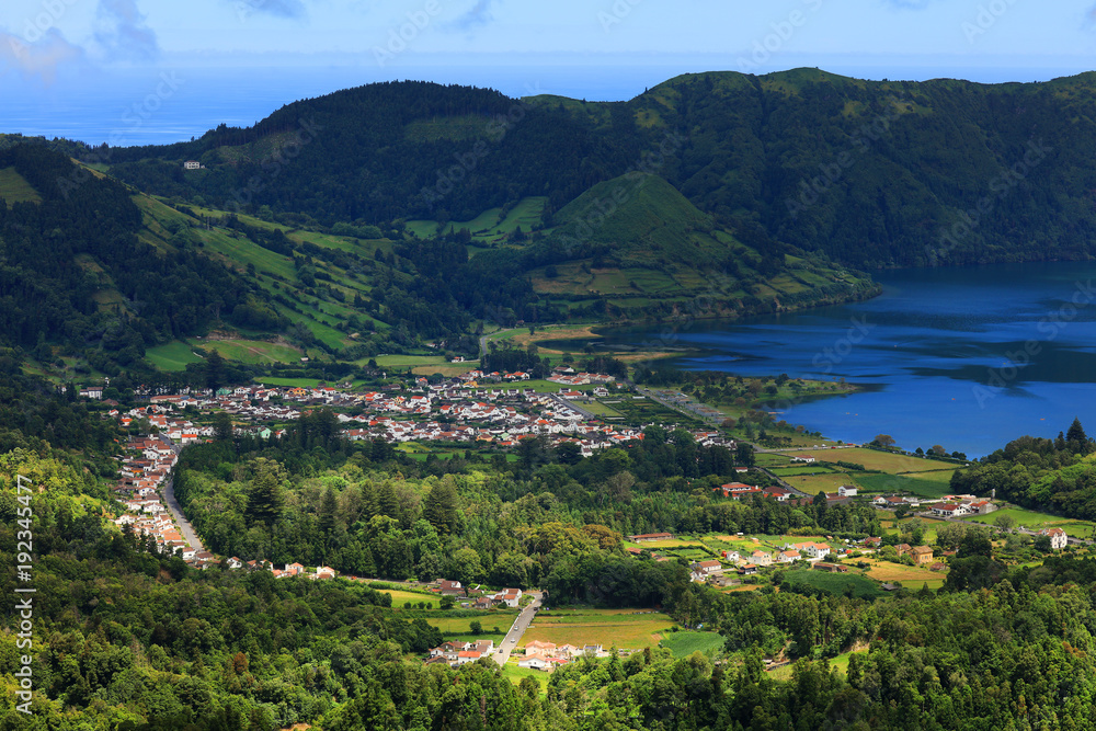 Landscape of the volcanic crater lake of Sete Citades in Sao Miguel Island of Azores, Portugal