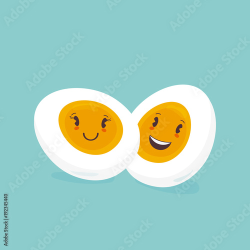 Trendy Vector illustration: slices or cuts of a hard boiled egg with smiling faces. Halves of boiled egg. Great as nursery print, posters.