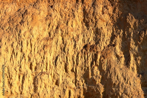 Detail of natural orange brown loamy (clay) soil of ravine wall with rough texture background