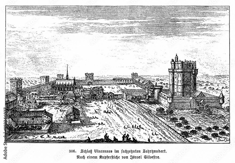 Château de Vincennes, french royal fortress at 17th century, copper engraving by Israel Silvestre (from Spamers Illustrierte Weltgeschichte, 1894, 5[1], 659)
