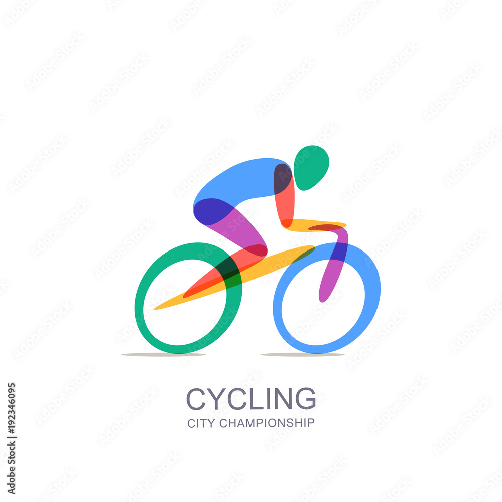 Naklejka premium Vector cycling logo, icon, emblem design template. Human silhouette on colorful bike, overlapping isolated illustration. Concept for marathon, race, competition, healthy lifestyle and outdoor sports.