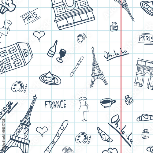 France and Paris Hand drawn travel doodles. Vector illustration
