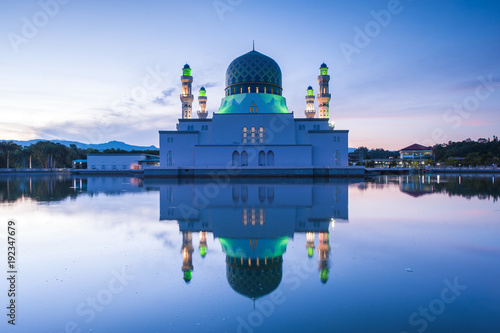 blue hour sunrise at floating mosque Kota Kinabalu, Sabah Malaysia.