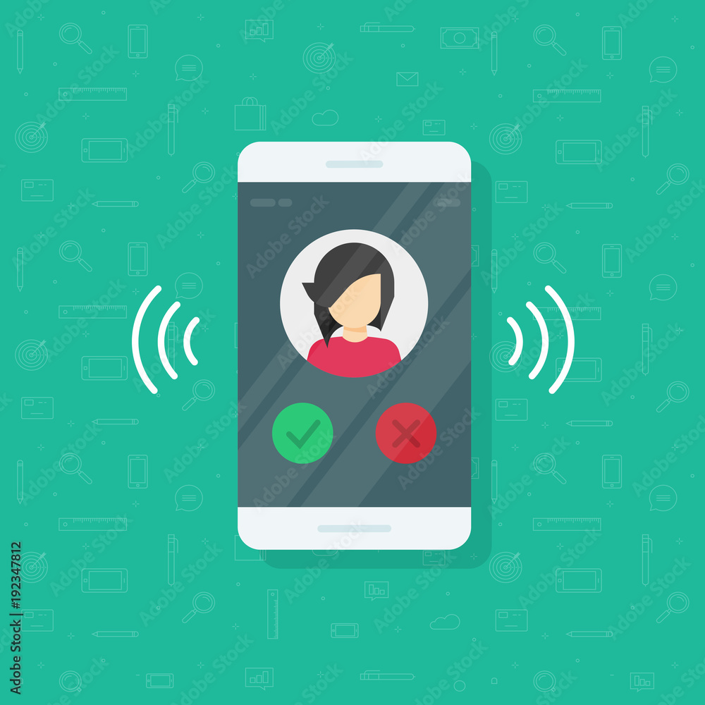 Smartphone or phone ringing vector flat cartoon call or vibrate with contact info on display, ring of phone icon isolated Stock | Adobe Stock