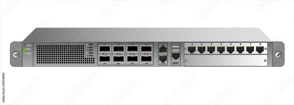 Router IP traffic for mounting with a 19 inch rack. Designed for carrier-class networks. Vector illustration. Router IP traffic for mounting with a 19 inch rack. Designed for carrier-class networks. Vector illustration.