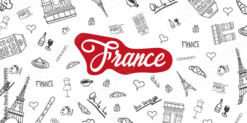France and Paris Hand drawn travel doodles. Vector illustration