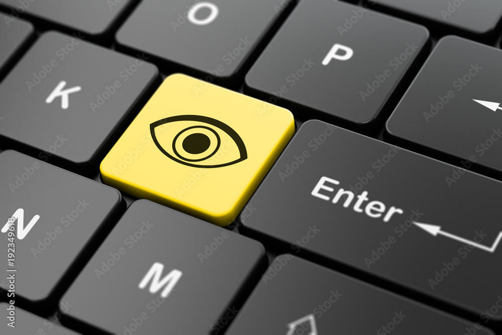 Privacy concept: computer keyboard with Eye icon on enter button background, 3D rendering Privacy concept: computer keyboard with Eye icon on enter button background, 3D rendering