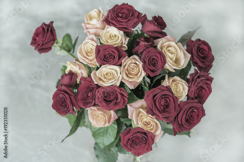 Bouquet of roses of pastel toned colors for beloved  top view  symbol of love  romantic celebrations