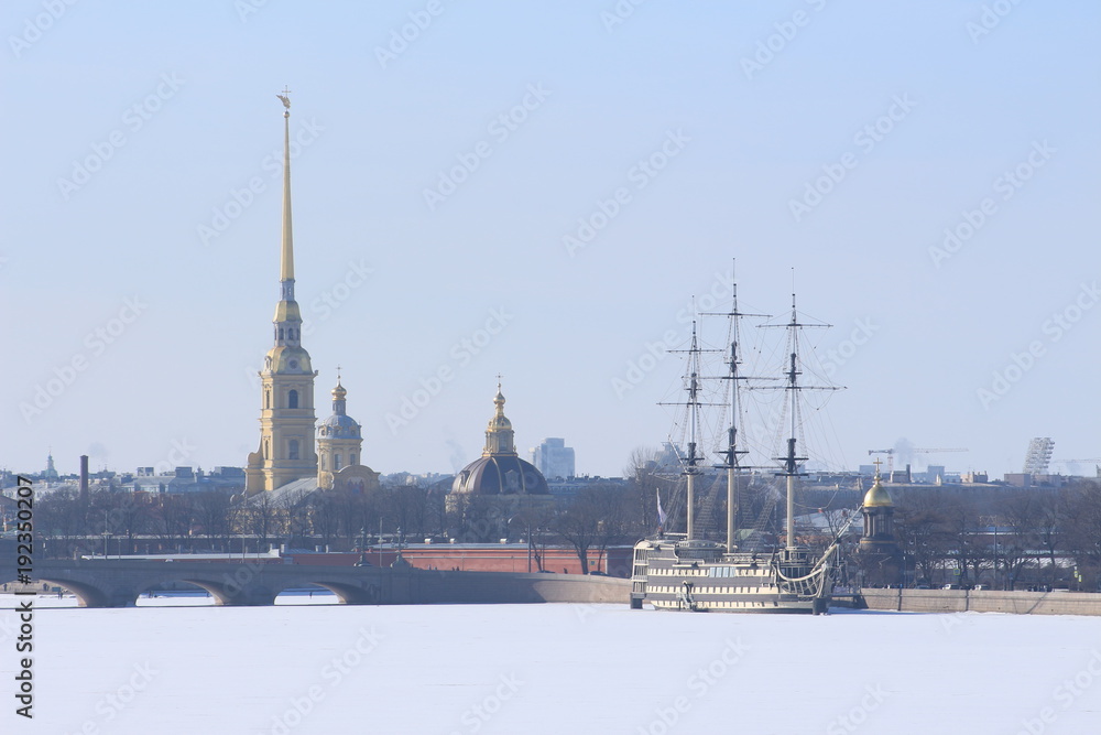 Russia, St. Petersburg, sailboat on the embankment of the river in winter Russia, St. Petersburg, sailboat on the embankment of the river in winter
