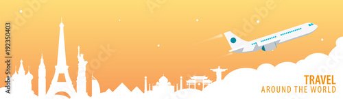 Travel banner with landmarks and airplane. Around the world. Tourism background. Vector illustration