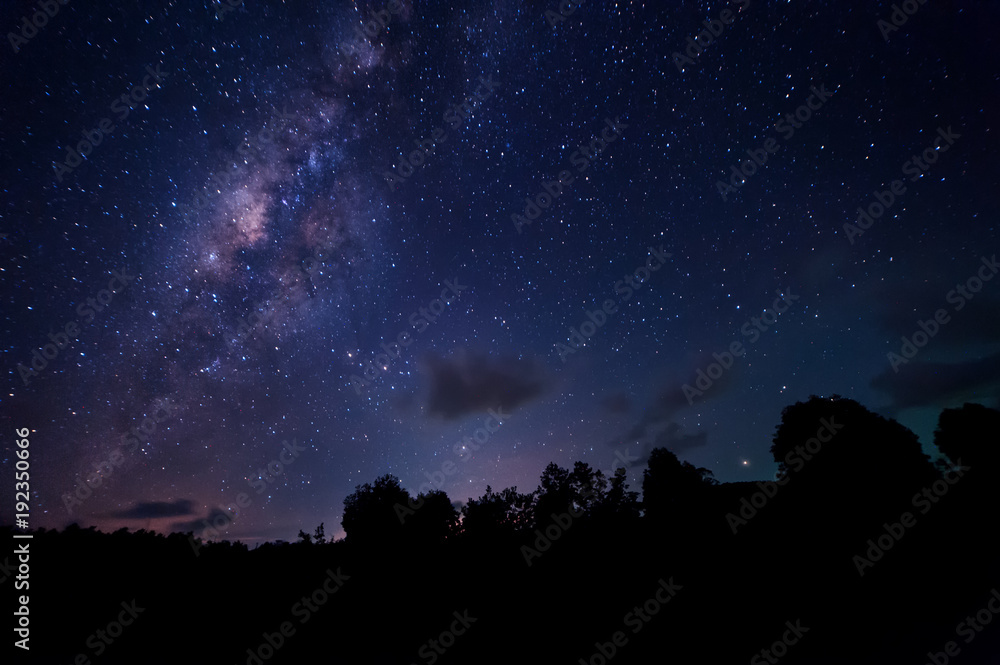 starry night and milky way galaxy night photograph. image contain soft  focus, blur and noise due to long expose and high iso.