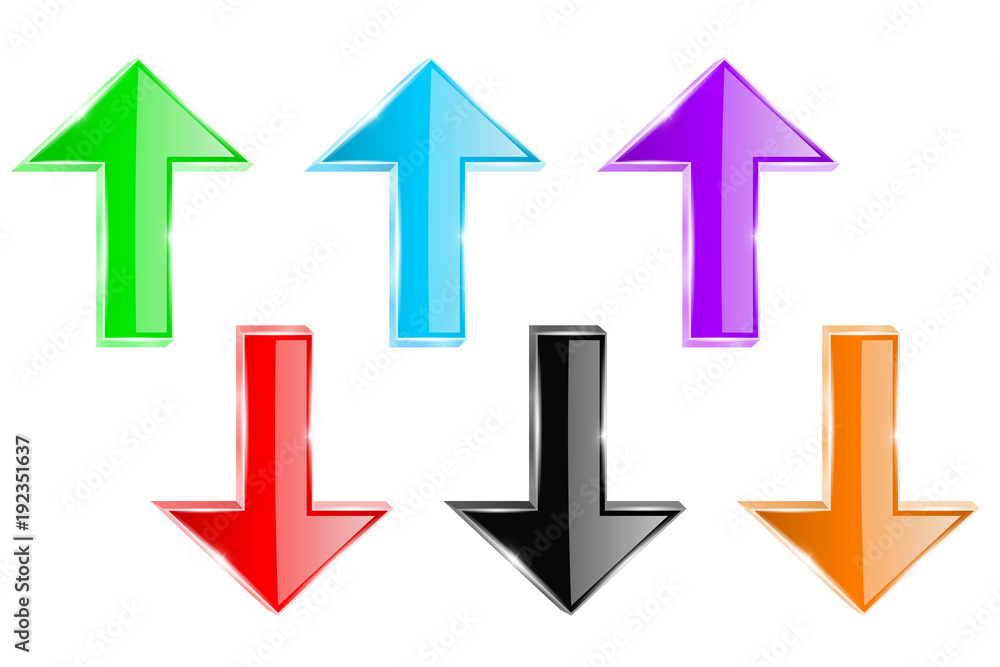Colored arrows. Straight up and down shiny 3d icons Colored arrows. Straight up and down shiny 3d icons