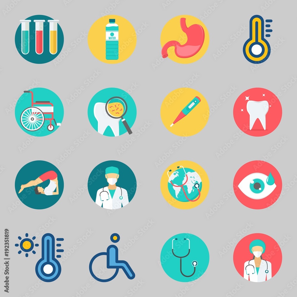 Icons set about Medical. with test tubes, stethoscope and wheelchair