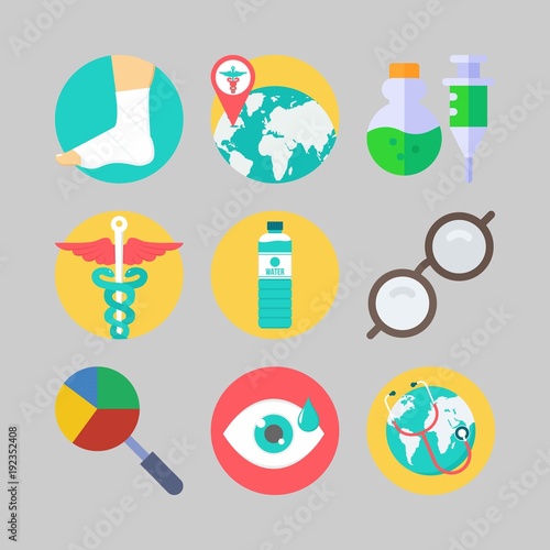 icon set about Medical. with glasses, pharmacy and sprain