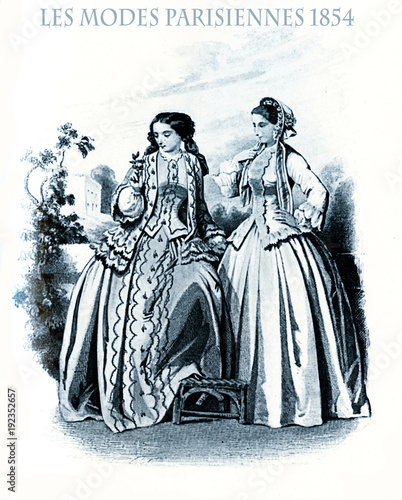 1854 vintage fashion, French magazine Les Modes Parisiennes presents two ladies walking leisurely in garden with fancy cloths and hairdressing