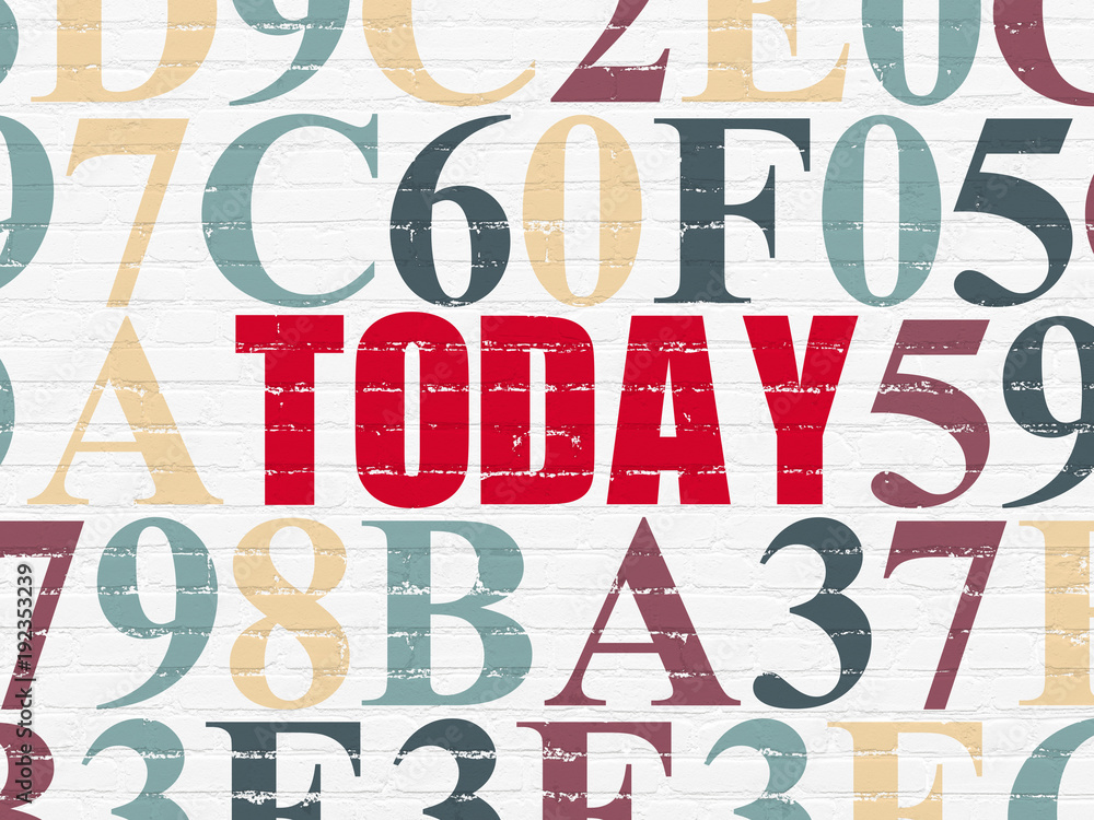 Timeline concept: Painted red text Today on White Brick wall background with Hexadecimal Code Timeline concept: Painted red text Today on White Brick wall background with Hexadecimal Code