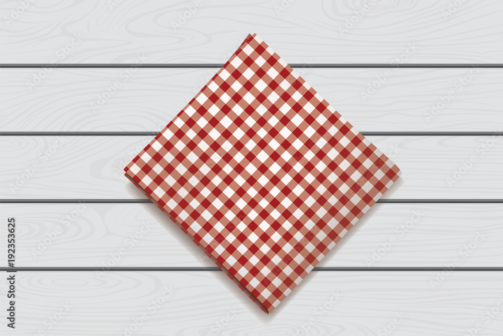 Red napkin on a wooden background. Plaid gingham tablecloth for cafe and restaurant design Red napkin on a wooden background. Plaid gingham tablecloth for cafe and restaurant design