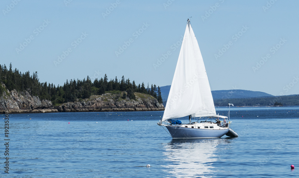 Fototapeta premium Sailing though Frenchman Bay Maine and lobster buoys