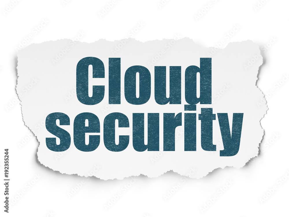 Cloud technology concept: Painted blue text Cloud Security on Torn Paper background with Scheme Of Hand Drawn Cloud Technology Icons
