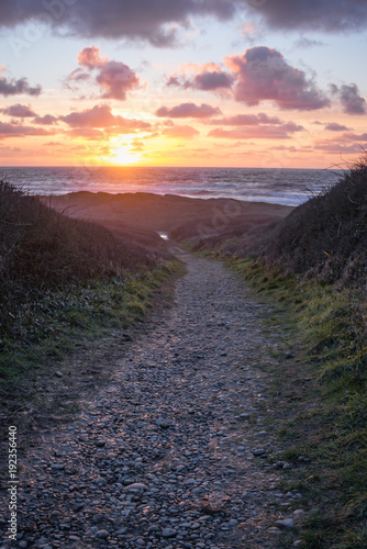 Path leading to the ocean at sunset