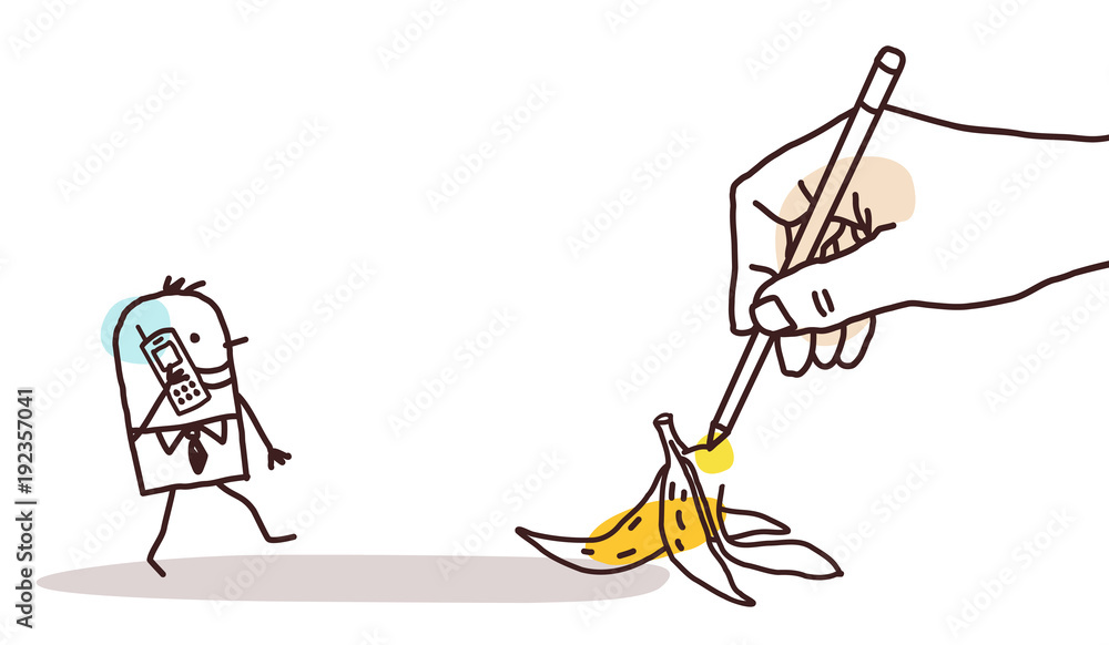 Drawing Big Hand - Cartoon Walking Man and Banana Peel Drawing Big Hand - Cartoon Walking Man and Banana Peel