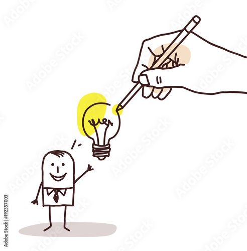 Drawing Big Hand - Cartoon Businessman with Light Bulb