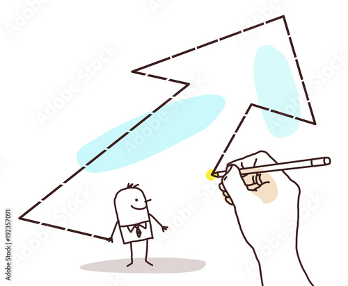 Drawing Big Hand - Cartoon Businessman and Big Arrow