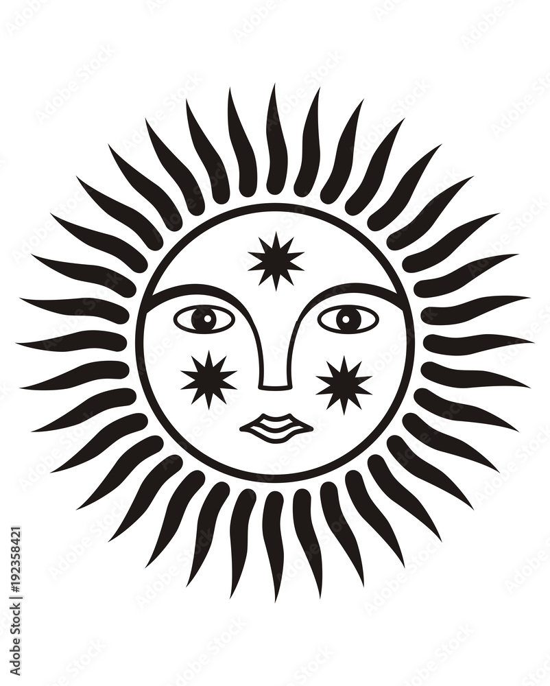 Sign of the sun. Black and white graphics. Symbol.