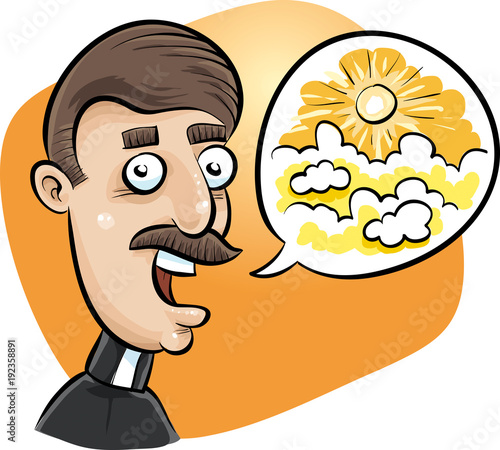 A happy, cartoon Christian minister with a moustache, looking to the sky and preaching about heaven.