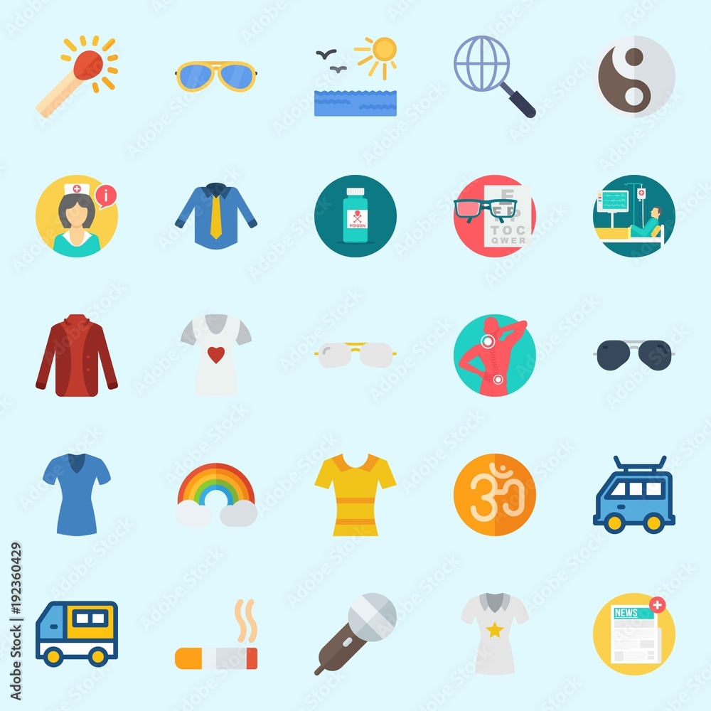 Fototapeta premium icons set about Hippies. with cigarete, sun, rainbow, newspaper, om and shirt