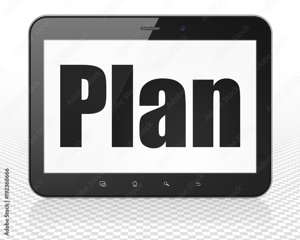 Business concept: Tablet Pc Computer with black text Plan on display, 3D rendering Business concept: Tablet Pc Computer with black text Plan on display, 3D rendering