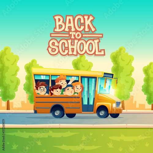 Back to school vector concept illustration with cheerful smiling kids, happy pupils, riding on yellow bus. Colorful background, poster with group of boys and girls go on excursion or trip