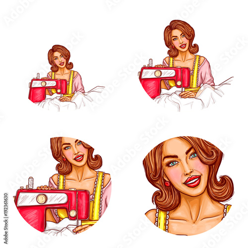 Vector pop art avatar of smiling woman dressmaker, needlewoman for chat, blog. Icon of adult girl, tailor, seamstress in atelier, salon with sewing machine and sew dress. Isolated on white background