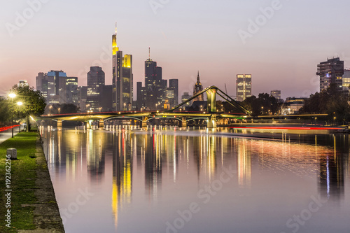 Evening view of Frankfurt skyline and river Main