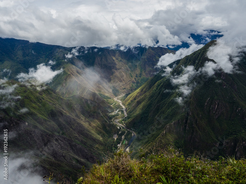 Panoramic view fron the top of Machu Picchu mountain, the river and the Hidroelectrica