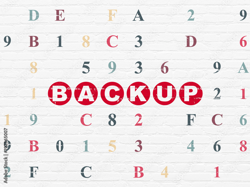 Software concept: Painted red text Backup on White Brick wall background with Hexadecimal Code Software concept: Painted red text Backup on White Brick wall background with Hexadecimal Code