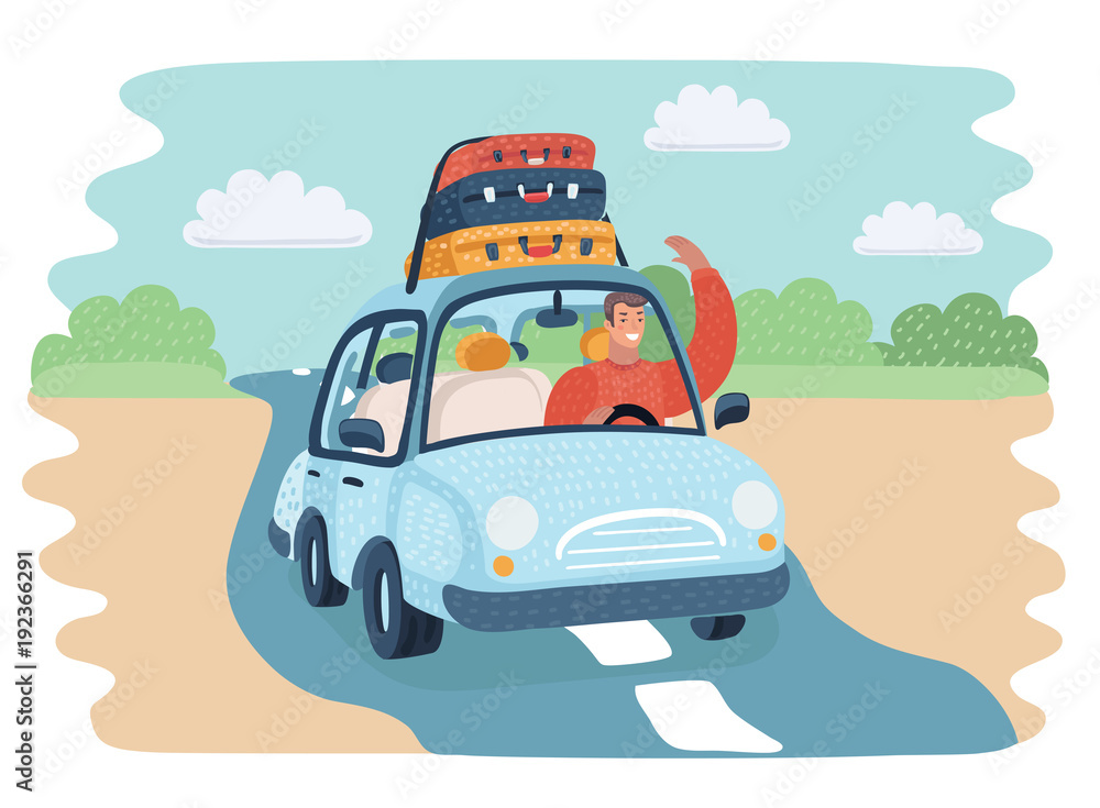 illustration of a kids in car on road