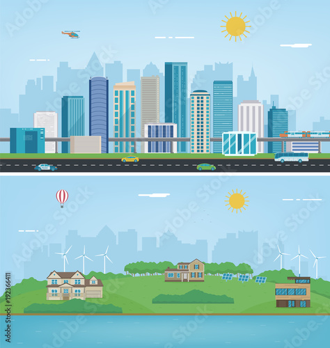 City landscape and suburban landscape. Building architecture, cityscape town. Modern city and suburb. Vector