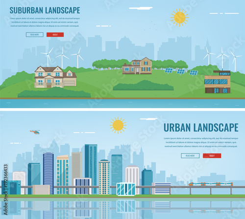 City landscape and suburban landscape. Building architecture, cityscape town. Modern city and suburb. Concept website template. Vector